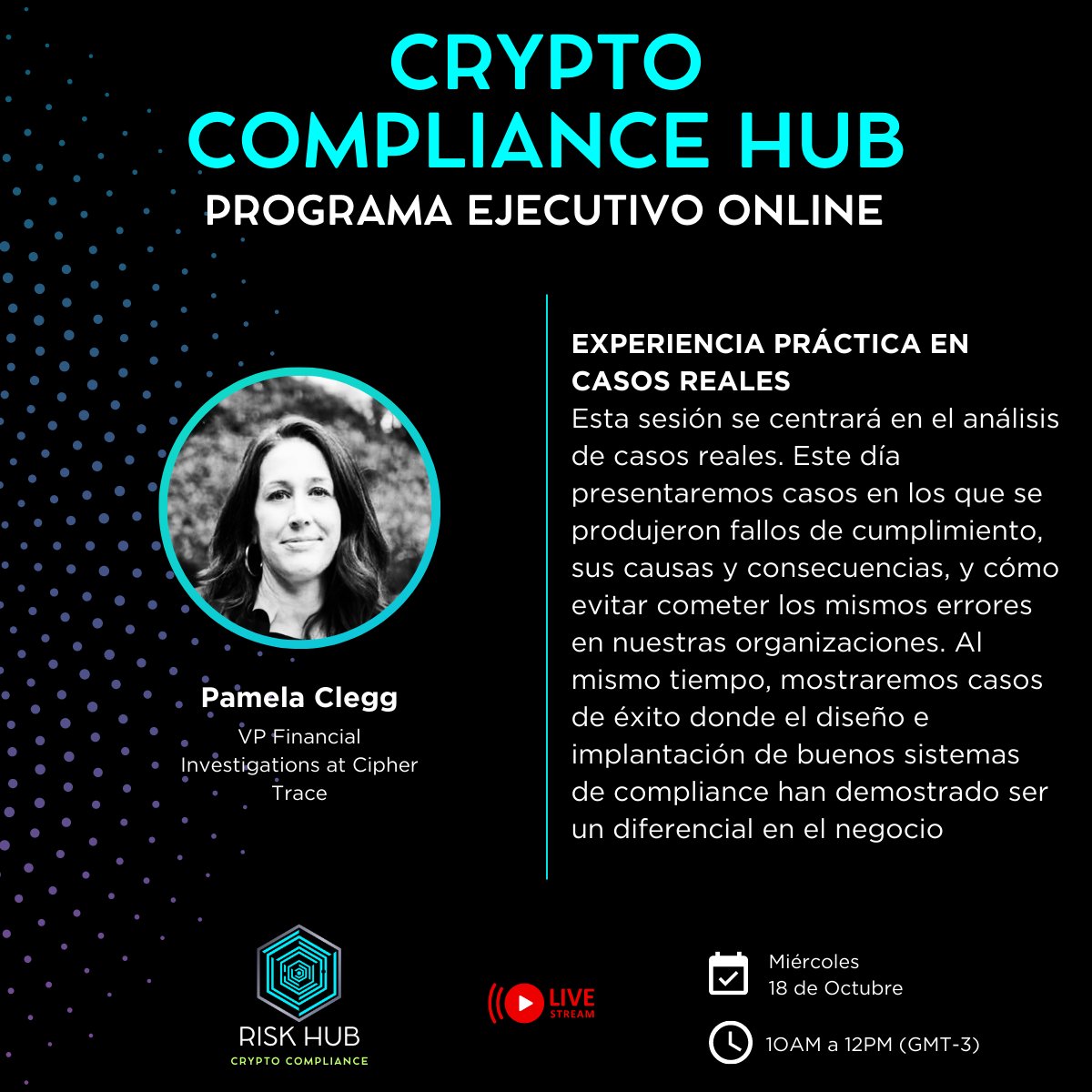 RiskHub_ai's tweet photo. 🔜 ¡Listos para abordar Crypto Compliance!🚀
🗓 Marquen sus calendarios el 18 de Octubre. Nos emociona presentar a nuestra speaker de élite: Pamela C. (VP of Crypto Investigations and Risk at @ciphertrace🇺🇸), quien compartirá su experiencia acumulada a lo largo de los años. https://t.co/SVuxOHUYPe