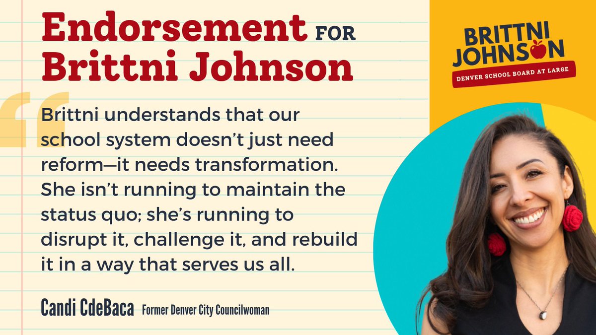 brittni4dps's tweet photo. I am thrilled to announce that Former Denver City Councilwoman Candi CdeBaca has officially endorsed my run for the Denver School Board At-Large seat!

She is a local trailblazer, fiercely advocating for students &amp; social justice. With her backing, we're ready to transform DPS! https://t.co/GSXRzLS5b2