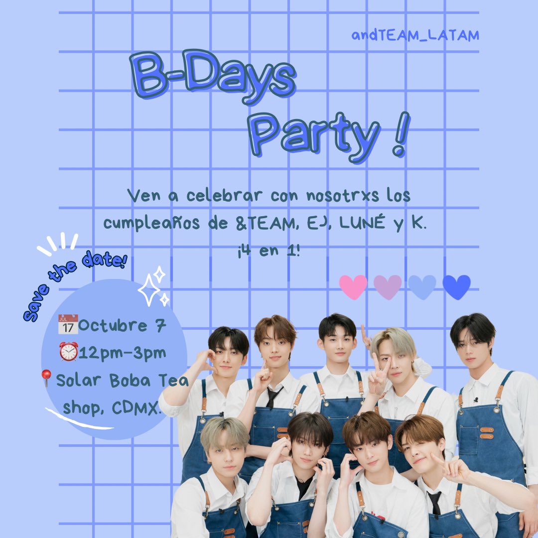 andTEAM_LATAM's tweet image. [EVENTO] MX🇲🇽

¡Hola!
Los invitamos a la reunión que tendremos por los cumpleaños y aniversarios de los chicos, el grupo y LUNÉ🥹

📅07/10
⏰12-3pm
📍Solar Boba TeaShop

Si son de otros estados aún así pueden pedir el kit en $200
*cupo limitado
#andTEAM #andTEAM_1st_Anniversary