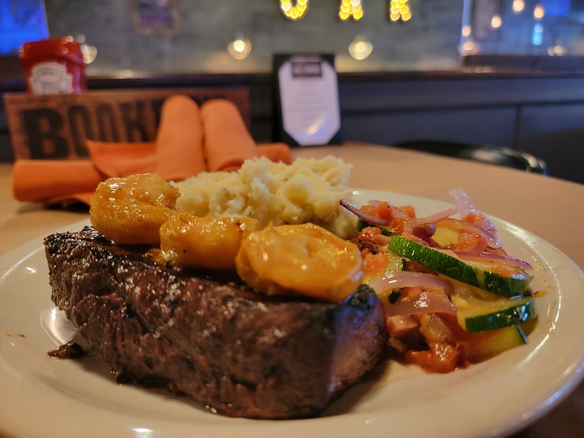 Serving Dinner this Tuesday evening until 9 PM 

Surf &amp; Turf - 10 OZ Angus Beef Coulotte Steak fire grilled to order topped with 3 Cajun Seasoned Shrimp served with Cheddar Smashed Potatoes and the Chef's Vegetable of the Day - $34.50
