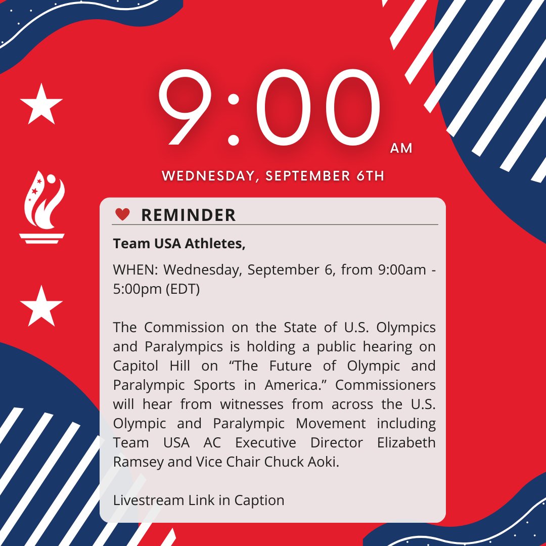 🚨TEAM USA ATHLETES🚨
The Commission on the State of U.S. Olympics and Paralympics is holding a public hearing tomorrow from 9:00am - 5:00pm (EDT)- you can watch the livestream here- ow.ly/nT3t50PHEgO