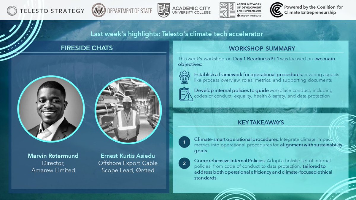"Success in business isn't about having the fanciest tools; it's about maximizing what you already have. " Last week in the CTA we heard from global thought leaders on day-1 readiness and how to enable scaling of impact-driven businesses in Ghana. #telesto #climatetech