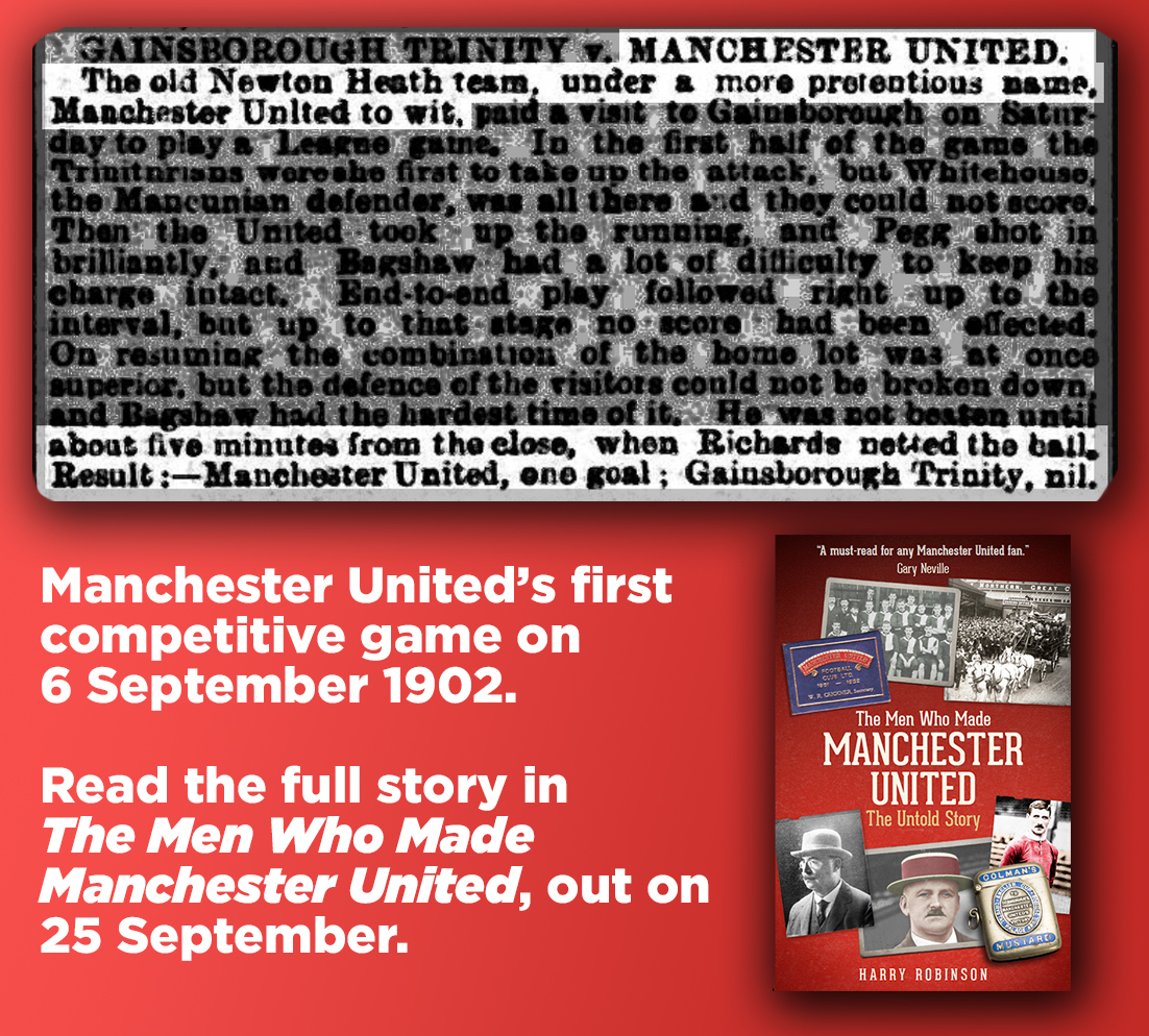 On this day in 1902, Manchester United FC played its first-ever game, against Gainsborough Trinity.

Charlie Richards began a century-long tradition of late goals in a 1-0 win for the Reds.

Why 1902, not 1878? And where did the name come from?

Answers in the thread below 🧵