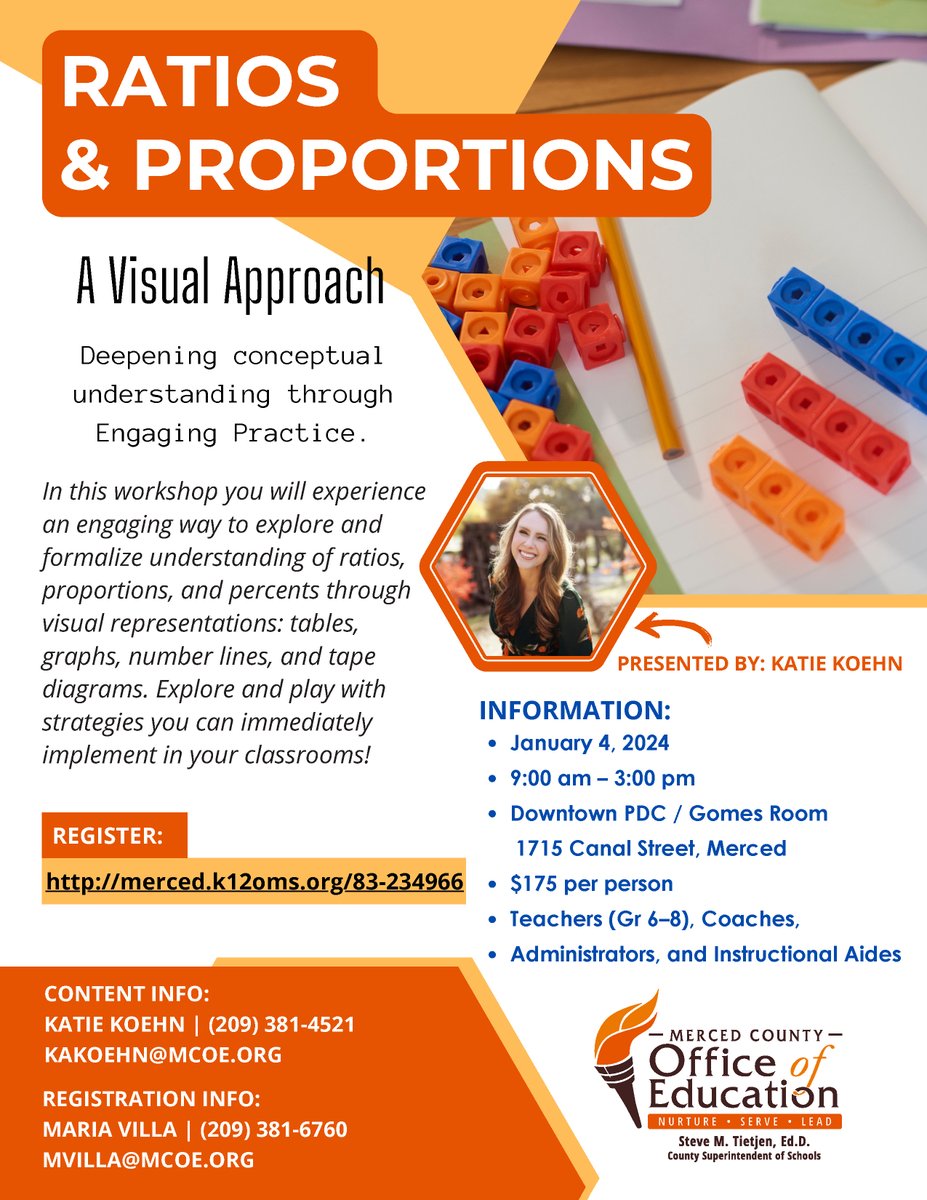 Don't miss Ratios and Proportions — a workshop where 6-8 grade teachers, coaches, administrators and instructional aides will experience an engaging way to explore ratios, proportions and percentages through visual representation. 

Register here 👉 ow.ly/Xh1i50OJGHo