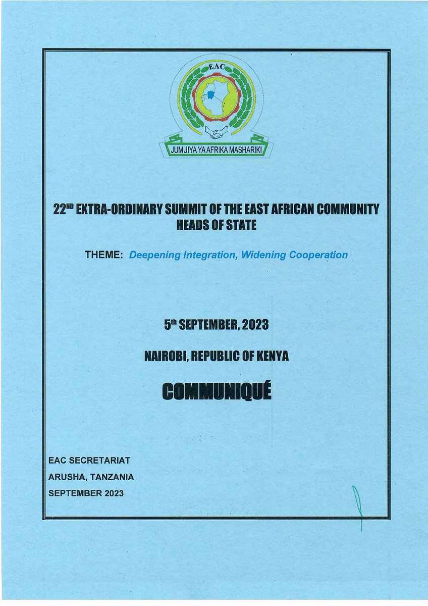 jumuiya's tweet photo. The 22nd Extraordinary Summit of the EAC Heads of State held today in Nairobi, Kenya, EXTENDS the mandate of the EAC Regional Force.

Read the full Communique:
@The_EastAfrican @NationAfrica @citizentvkenya @ntvuganda @RwandaTV @TBConlineTZ @eacrf_DRC 
 
@pmathuki https://t.co/34zmwzDGhr