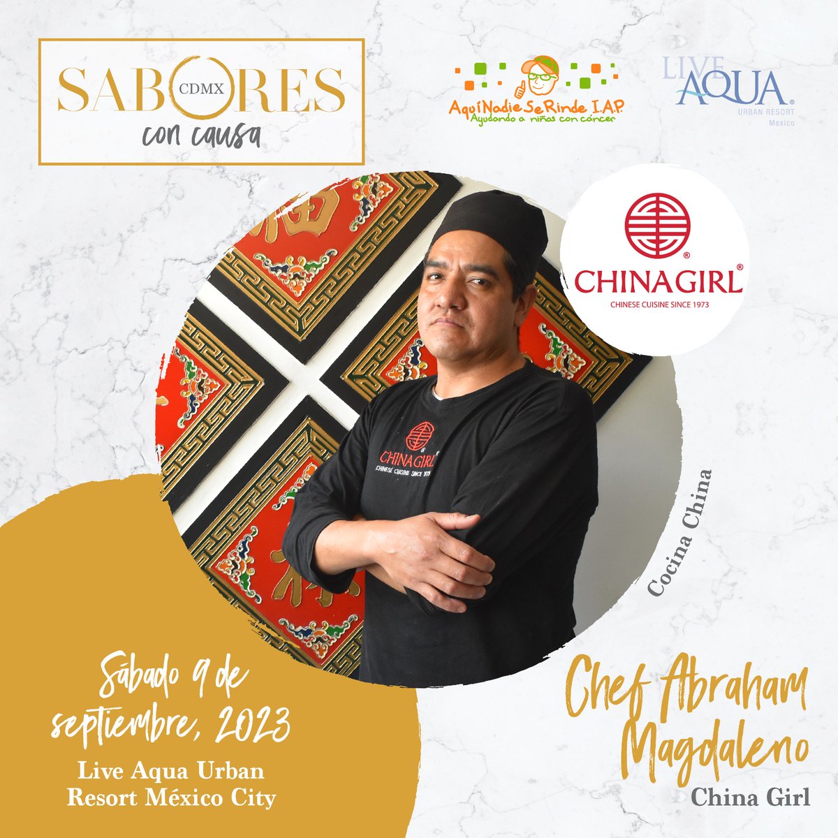 #ChinaGirl y su chef Abraham
Magdaleno Navarreta estarán presentes en la 11
edición de <a href="/saboresconcausa/">Sabores con Causa</a> a beneficio de las y los
niños con cáncer de anseriap. ¡Súmate y haz la
diferencia!
Adquiere tus boletos en Boletia bit.ly/3E5SLA2 y restaurantes participantes.