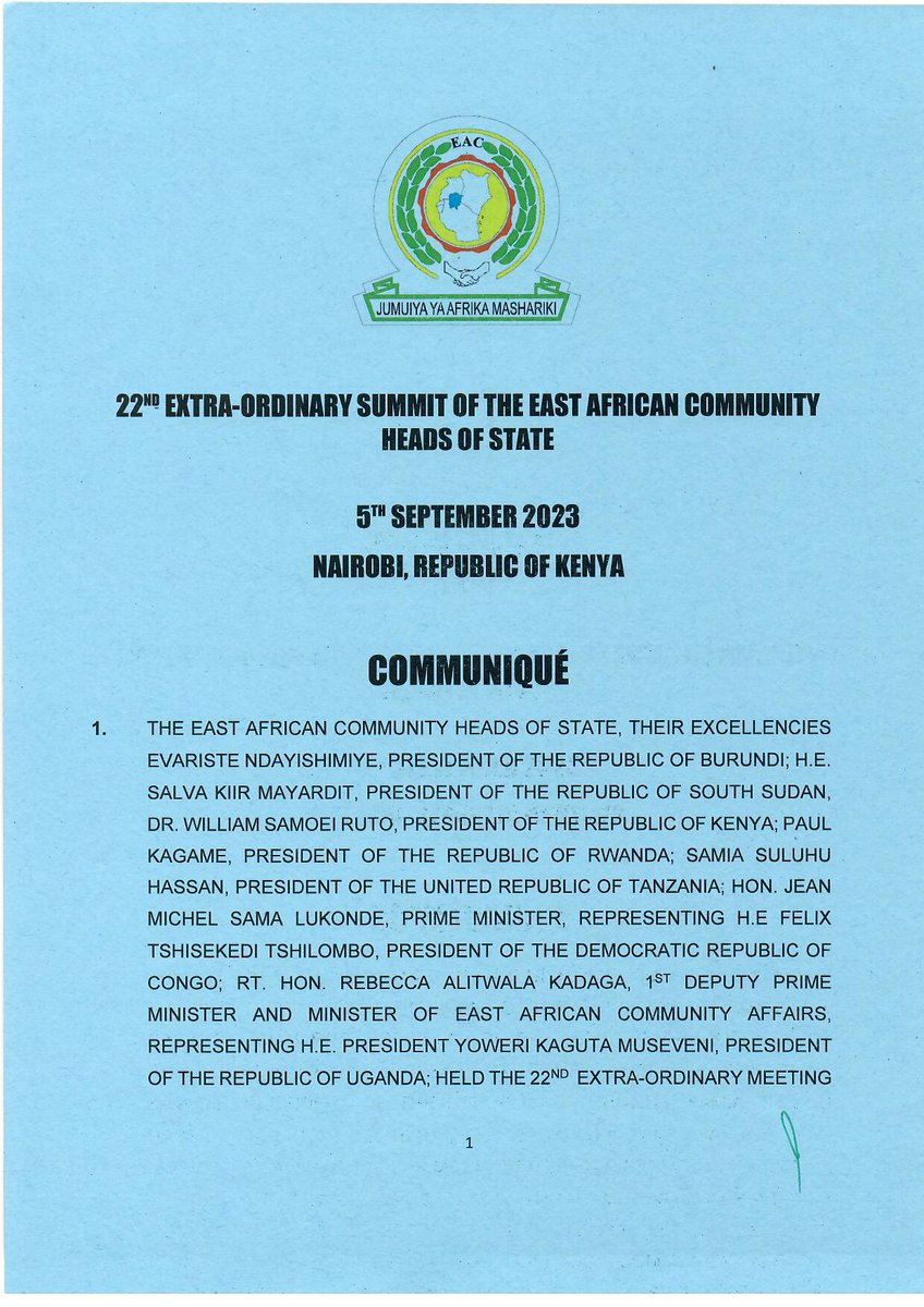 jumuiya's tweet photo. The 22nd Extraordinary Summit of the EAC Heads of State held today in Nairobi, Kenya, EXTENDS the mandate of the EAC Regional Force.

Read the full Communique:
@The_EastAfrican @NationAfrica @citizentvkenya @ntvuganda @RwandaTV @TBConlineTZ @eacrf_DRC 
 
@pmathuki https://t.co/34zmwzDGhr