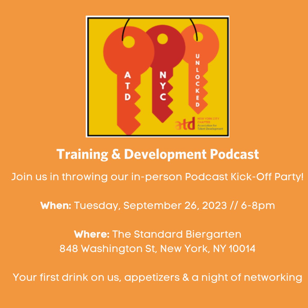 Are you ready to take a deep dive into the world of Talent Development? 

Meet Co-Hosts Marina Field and Samantha Peller as they welcome their podcast “Unlocked!” 

You’re invited to the ATD NYC Unlocked Podcast Release Party on 9/26/23 from 6-8pm!

 atdnyc.org/event-5404067