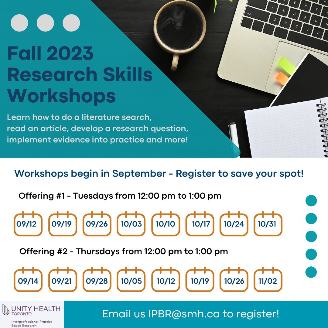 <a href="/UHT_IPBR/">UnityHealthTO_IPBR</a> Research Skills Workshops are back for the fall session! Join us as we cover a range of topics about research and evidence-based practice. Email the IPBR team to register.