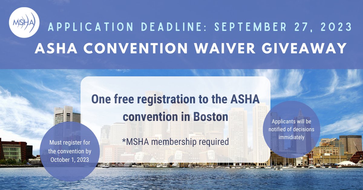 MSHA is proud to announce that applications will soon be accepted for one ASHA Convention Waiver!

You must be a current MSHA member to apply, please visit the MSHA website via the Member Only section (mshahearsay.org/Sys/Login?Retu…). The application submission opens on September 8th.