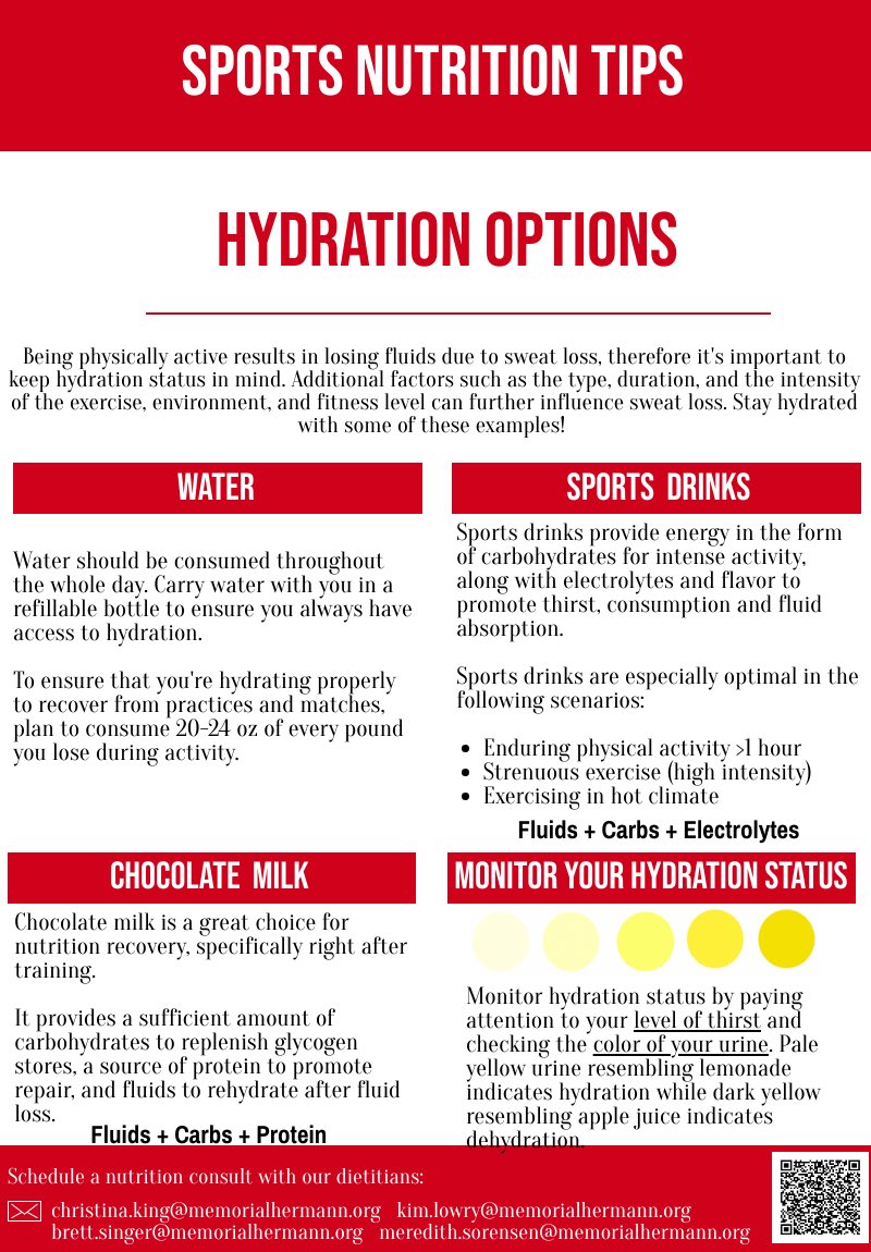 For young athletes, water should be the primary source of fluid consumed throughout the day, but sources such as milk, juice, sports drinks, smoothies etc. can also contribute to total fluid needs! Here are a few hydration reminders for high school athletes.