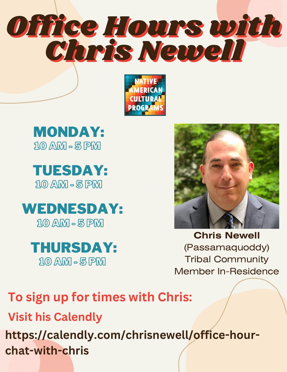 This semester our Tribal Community Member In-Residence, Chris, will be having Office Hours! Students can use the link in our bio to schedule a time to meet with Chris or drop by the ODI Commons to say hi! 👋 
#IndigenizeUConn #UConnNACP