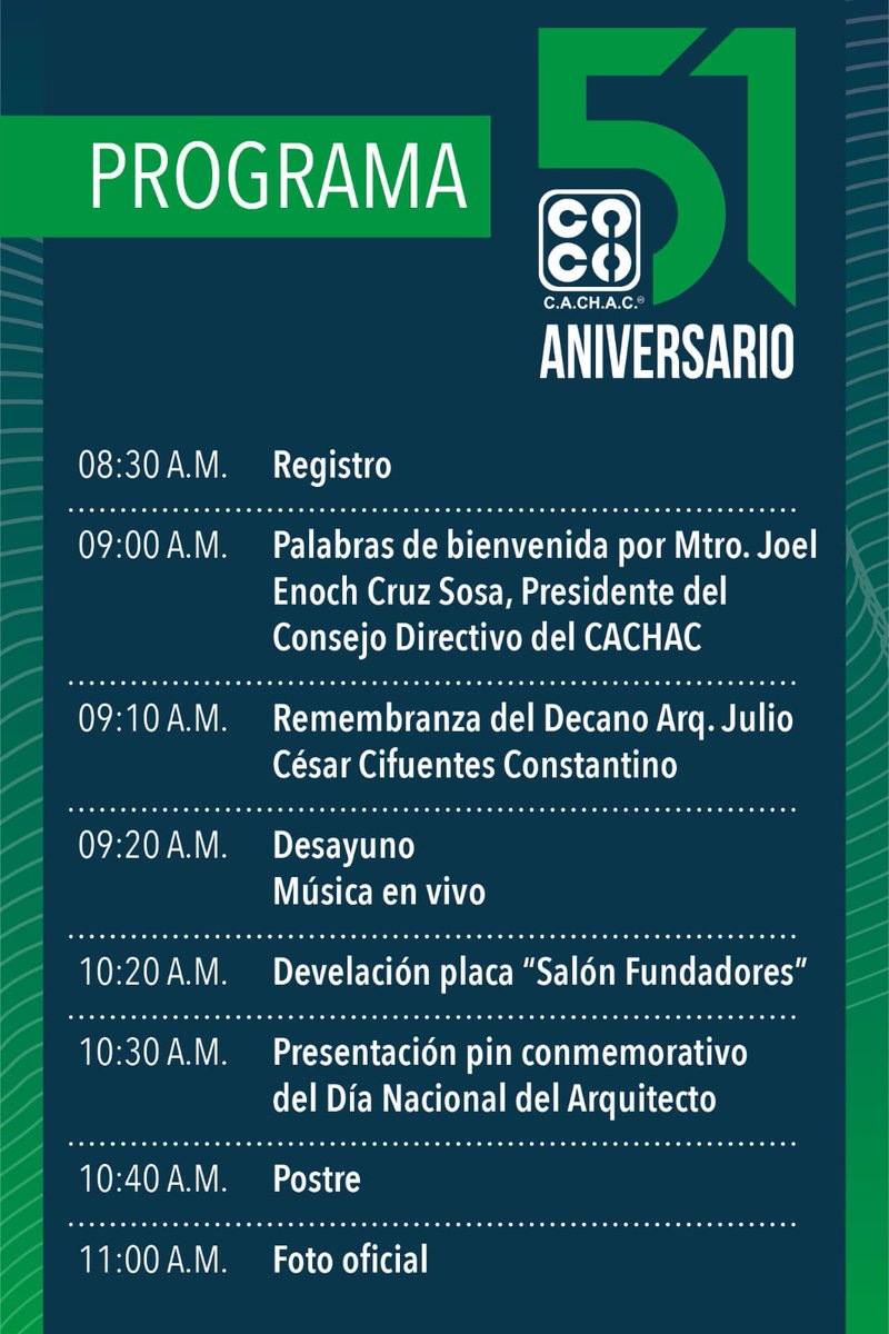 SoyCACHAC's tweet photo. Celebremos juntos nuestro 5️⃣1️⃣ 𝗔𝗻𝗶𝘃𝗲𝗿𝘀𝗮𝗿𝗶𝗼 el próximo 14 de Septiembre en las instalaciones de nuestro Colegio de Arquitectos Chiapanecos A.C.
Venta de boletos en las instalaciones del #CACHAC.
#TeEsperamos
#LaUnidadNosFortalece
#CACHAC
FCARM Región III https://t.co/S9itD0iqzS