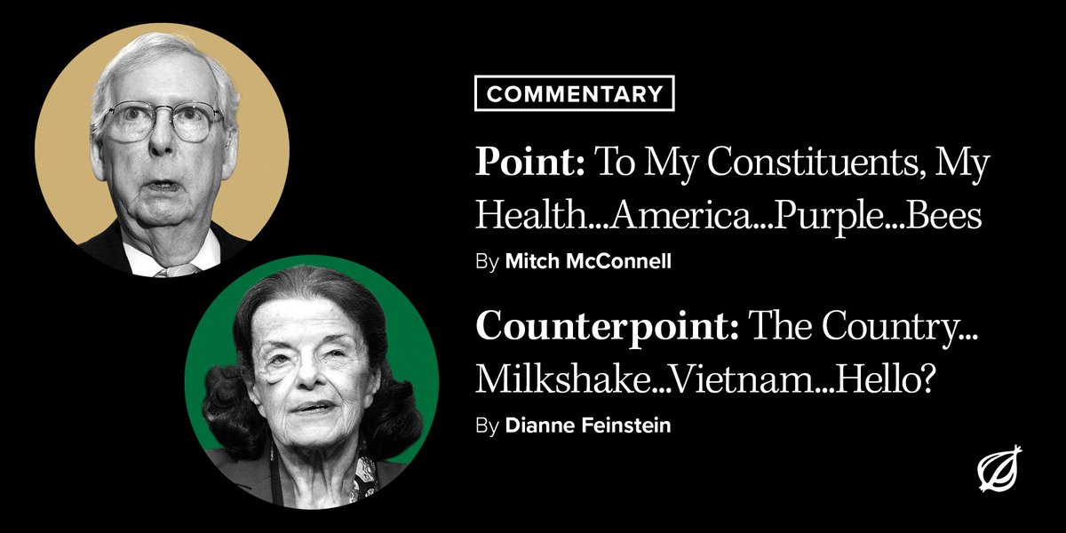 TheOnion's tweet photo. Point/Counterpoint: To My Constituents, My Health...America...Purple...Bees vs. The Country...Milkshake...Vietnam...Hello? https://t.co/7aRa1rHyT9 https://t.co/q3hilvZl4j