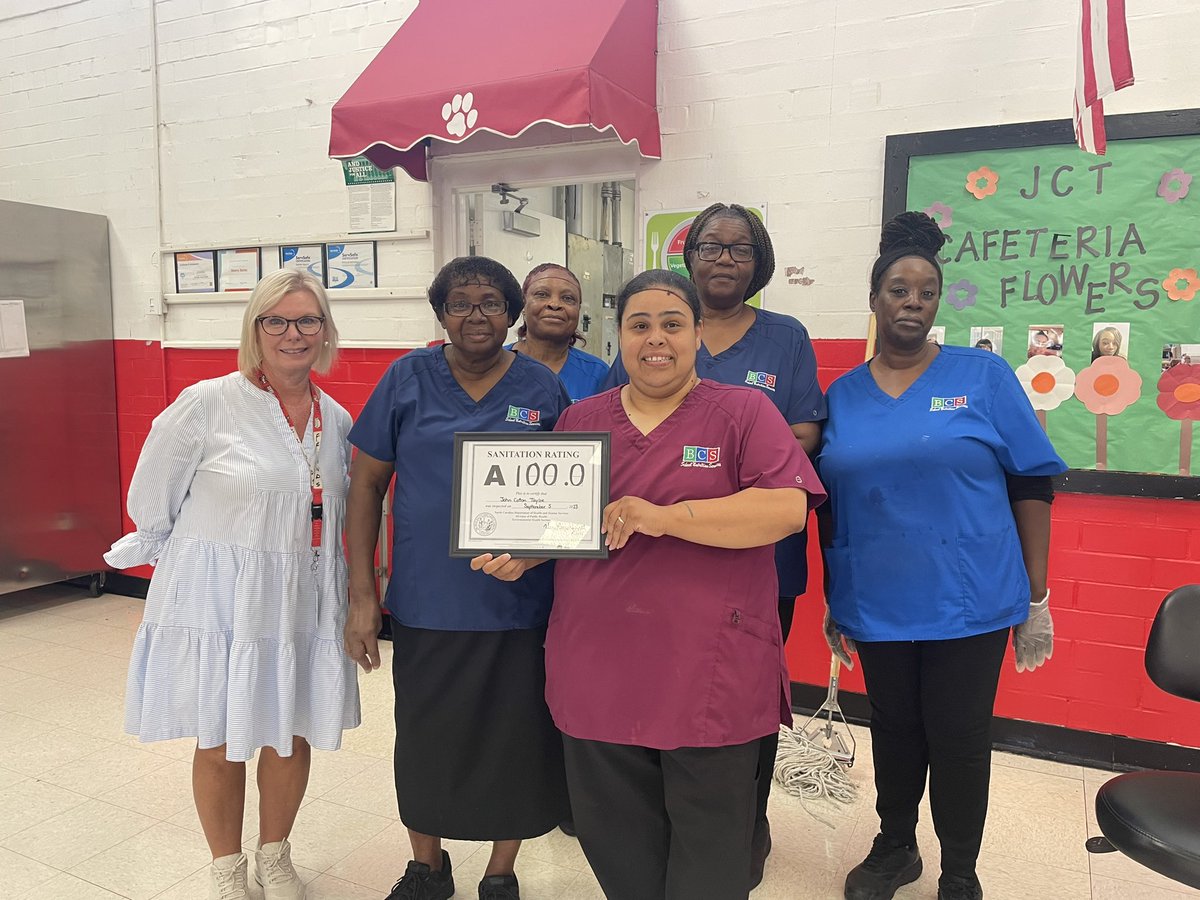 So proud of this amazing team!  Our cafeteria staff got a 100% rating on their inspection today!!  #tigerpride