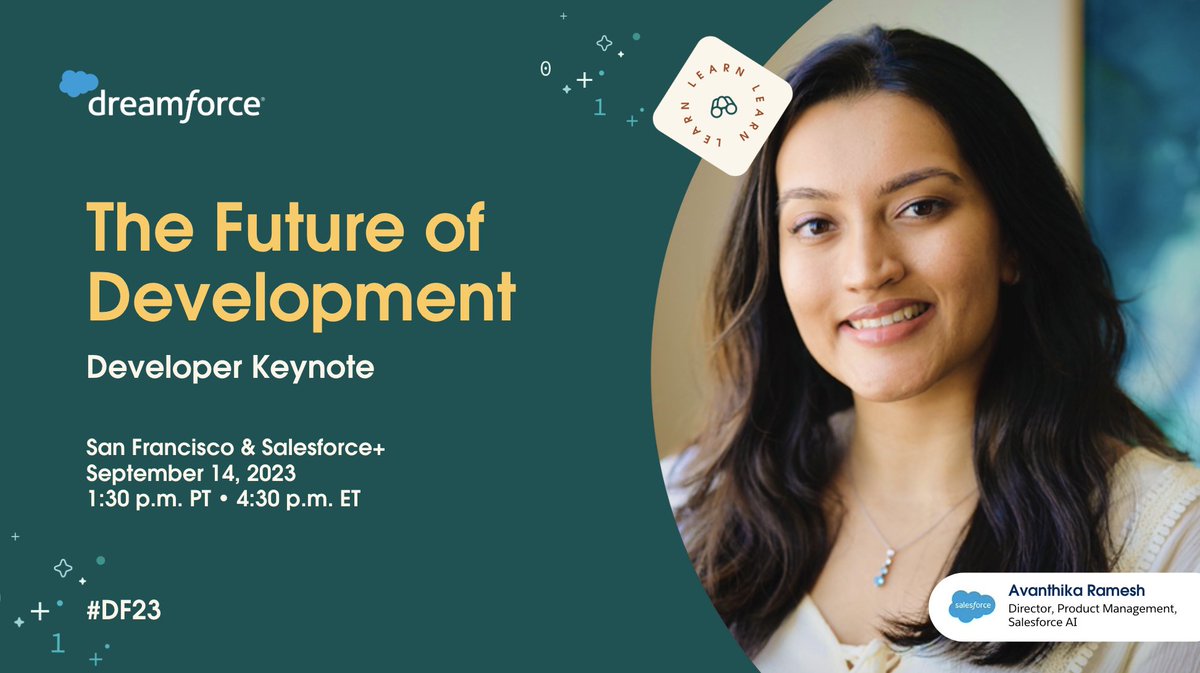 This is gonna be BIG. Don't miss the #DF23 #developer keynote! 👀 Expert speakers like Avanthika Ramesh will cover the future of development and the latest in Salesforce #AI. Add it to your agenda: ➡️ sforce.co/45E4OAq