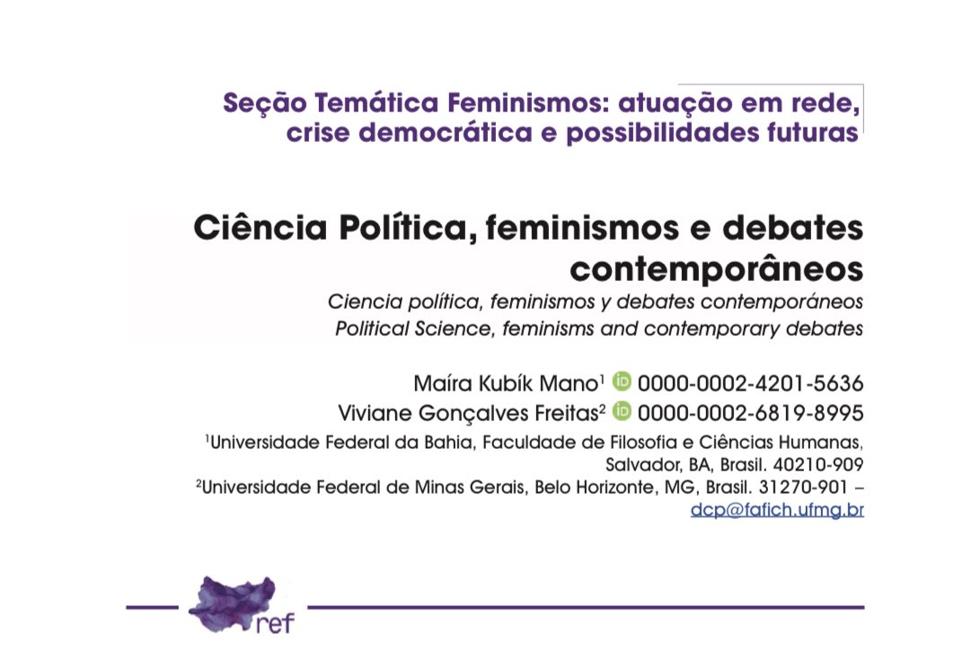 RedeFemPol's tweet photo. [Lançamento] Acaba de sair na nova edição da Revista de Estudos Feministas uma seção especial organizada por integrantes da Rede de Pesquisas em Feminismos e Política. 

Leia a apresentação de @vivianegf14 e @mairakubik: https://t.co/40jR4bIToG https://t.co/bhlliBpDWj