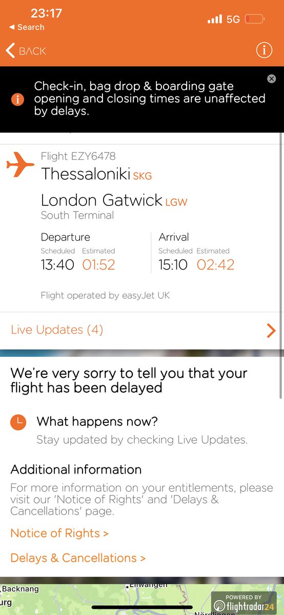Natlashka's tweet photo. @easyJet wow this flight that cabin crew said was on the way from LGW at 3pm greek time is really taking its time #liars haven’t spent my 4.50 compensation at all since 3pm……. https://t.co/541oC6WQ9t