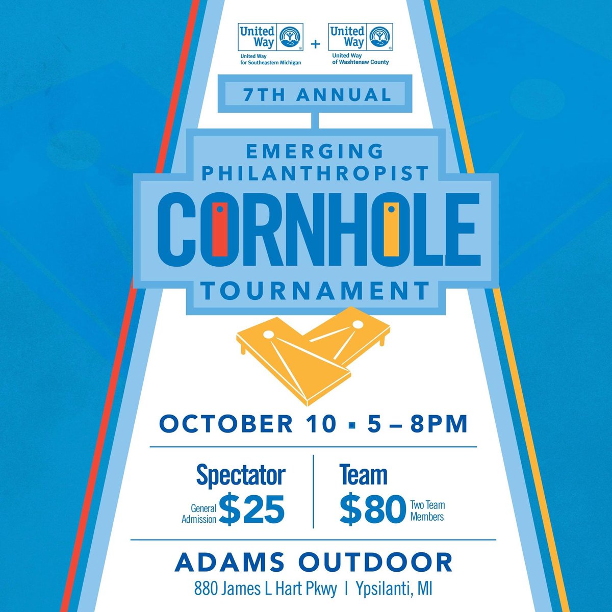 Join us on Tuesday, October 10th at Adams Outdoor for food, beer, cornhole, &amp; networking with your fellow EPs! 🍻🌽

We'll have other giveaways, fun activities, &amp; a 50/50 raffle. 

More details and registration below⬇️
unitedwaysem.org/cornholetourna…