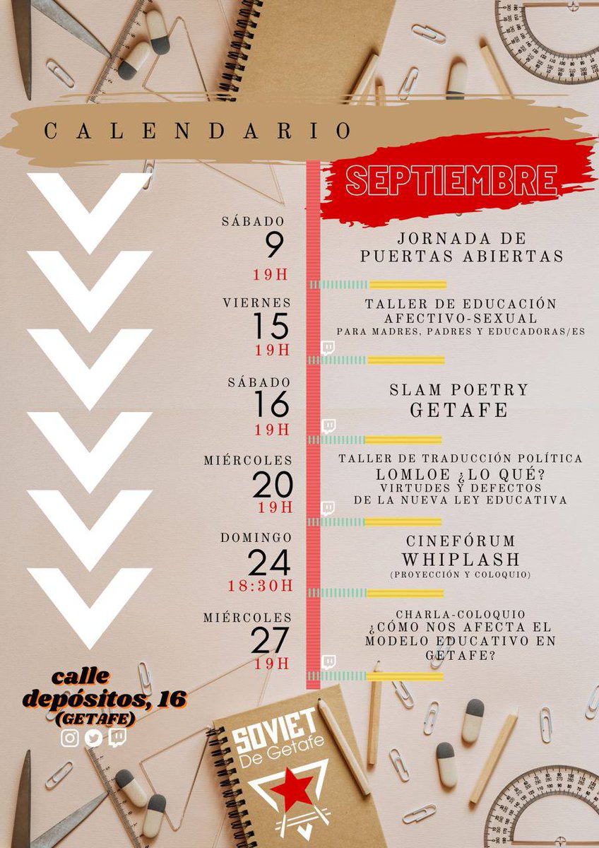 AGENDA DEFINITIVA SEPTIEMBRE‼️. 

🖍️Este mes de vuelta al cole vamos a hablar de EDUCACIÓN desde diferentes perspectivas y con actividades diversas. 

Además, comienza el <a href="/SlamGetafe/">Slam Poetry Getafe</a>. 
Sigue su perfil para no perderte nada.

Apúntate lo que más te apetezca en la agenda 📝