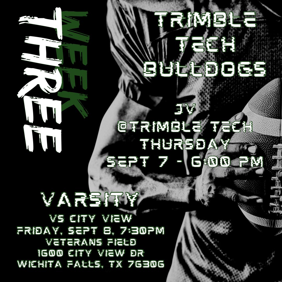 TTfb_Booster's tweet photo. Week three is here! Let’s go Bulldogs!
@TrimbleTechFB @TTHSBulldogs https://t.co/b2p8muFnBR