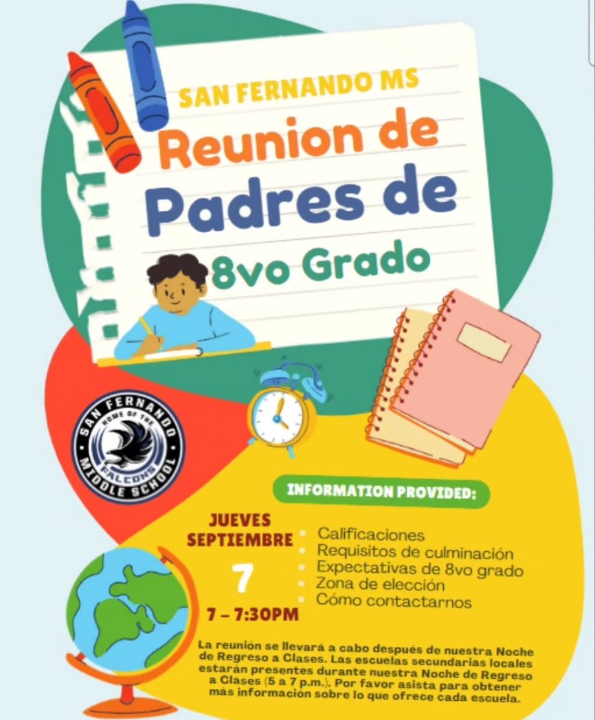 We will be hosting a meeting to discuss all the details for this year as well as the options for high school. We hope to see yiu here.

Tendremos una junta para discutir los detalles de este año y tambien las opciones para la preparatoria.  Esperamos verlos aqui.