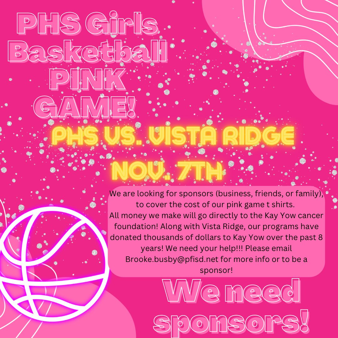 Pflugerville Girls Basketball is looking for sponsors for our Pink Cancer game! Please let me know if you would like more info or would like to be a sponsor!