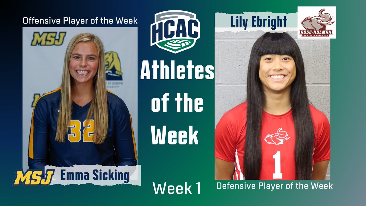 HCACDIII's tweet photo. HCAC Volleyball | Athletes of the Week

Congrats to the Volleyball Athletes of the Week:
Offensive: Emma Sicking, @MSJ_Lions
Defensive: Lily Ebright @RHITSports

Full Release: https://t.co/AEt4VLJwrV

#TheHeartofD3 https://t.co/8QxNiuKkEQ
