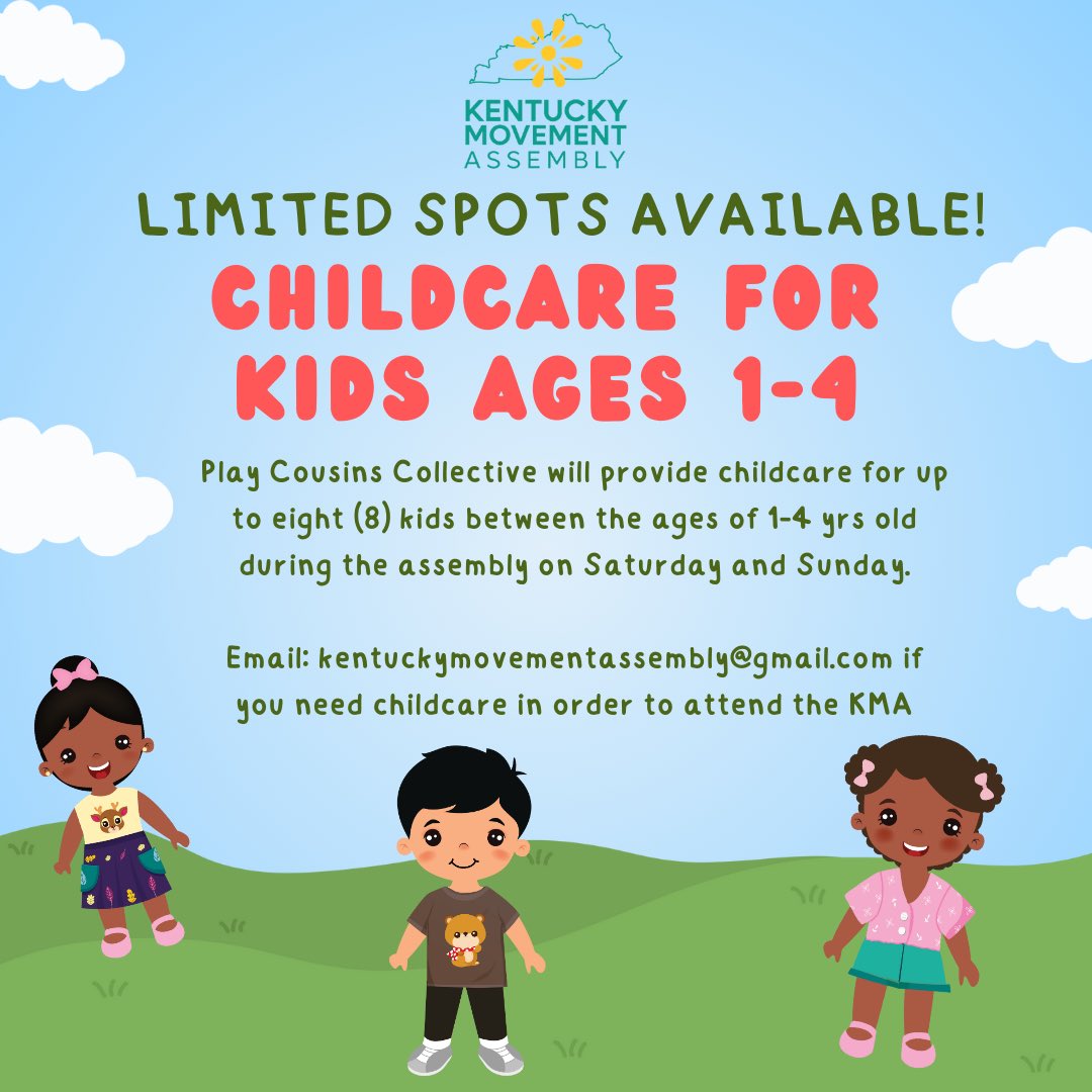 📢The Kentucky Movement Assembly is partnering up with <a href="/playcousins502/">Play Cousins Collective, Inc</a> to provide on-sight childcare for kiddos ages 1-4. There are only 8 spots available! Email us if you need childcare and we will get you signed up ➡️ kentuckymovementassembly@gmail.com