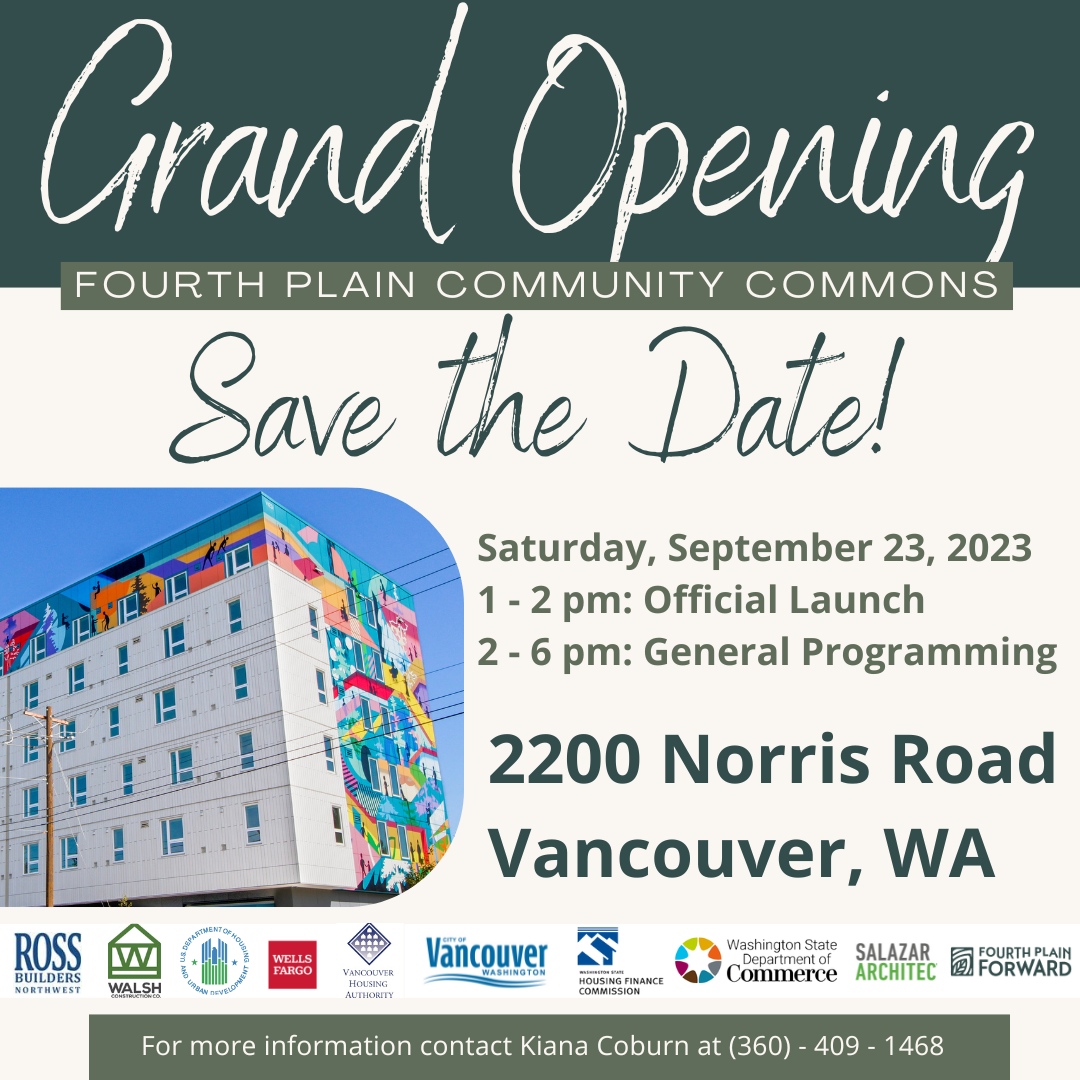 VancouverUS's tweet image. Mark your calendars! 🎉 Fourth Plain Community Commons will celebrate its grand opening on Sept. 23. This exciting flexible space is supported in part by the City's Affordable Housing Fund and will serve as a start-up and small business incubator for the Fourth Plain corridor.
