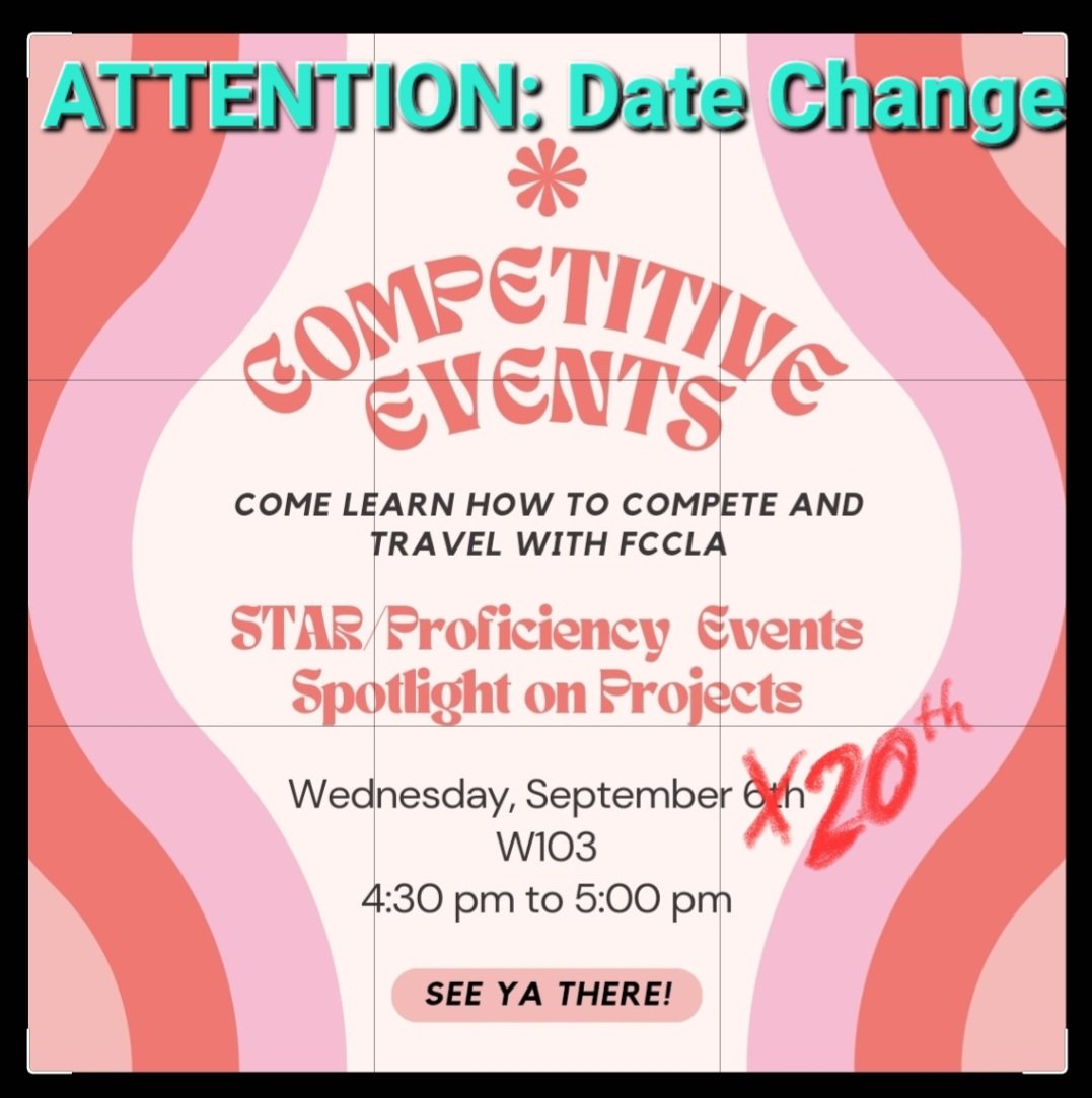 Date has changed for the Competitive Events meeting.  We will meet Sept. 20th in W103 from 4:30 pm - 5:30 pm.  Sorry for any confusion.