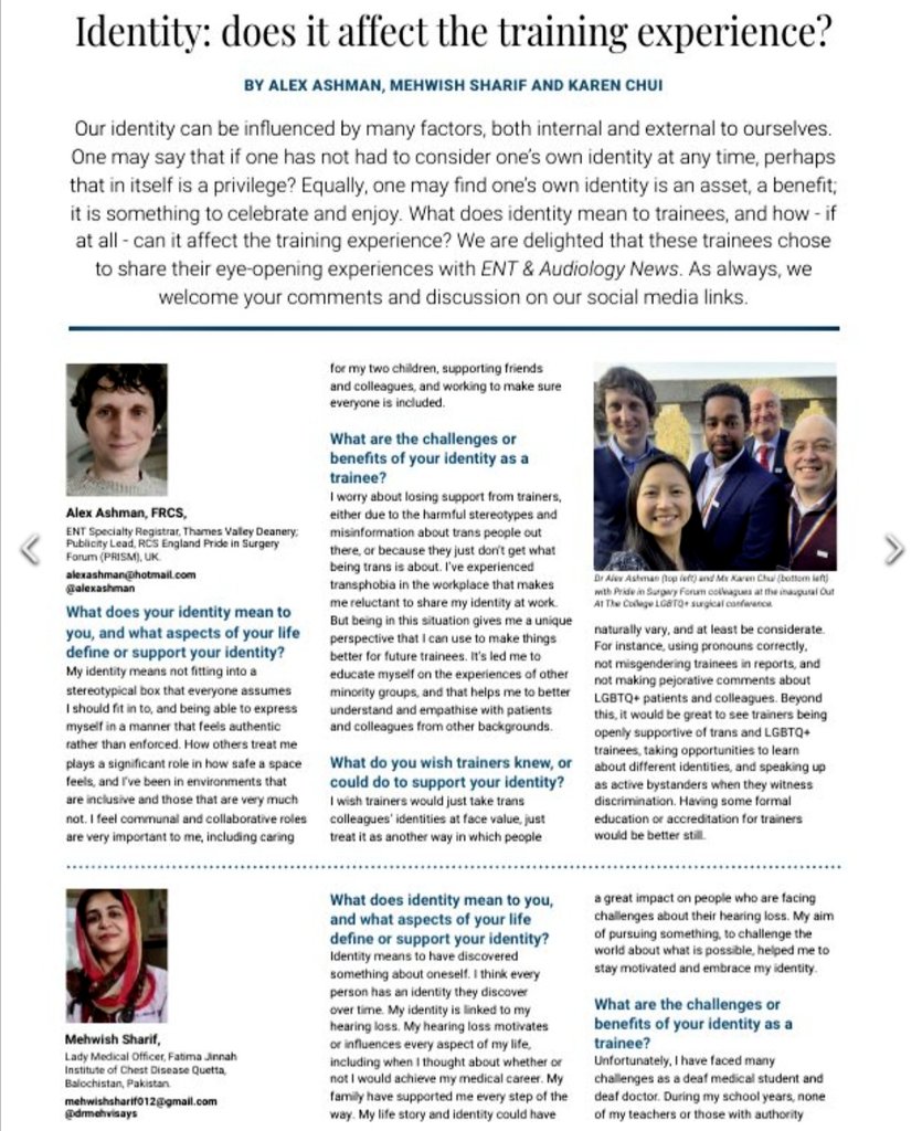 PRiSM_Surgery's tweet photo. Thank you @ENT_AudsNews for featuring the experiences of PRiSM's @karenkchui and @AlexAshman in your trainee section on identity.
This month's issue covers a lot of different facets of identity: https://t.co/AqAc7P2FLX
#ILookLikeASurgeon #PrideInSurgery https://t.co/us2ZSMxzoJ
