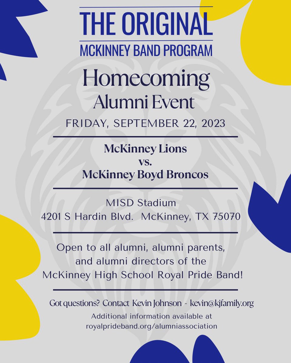 McKinney High School Band Alumni, join us for our inaugural Royal Pride Band Alumni Night at the 2023 MHS Homecoming Game on Friday, September 22!  More info: royalprideband.org/royal-pride-ba…