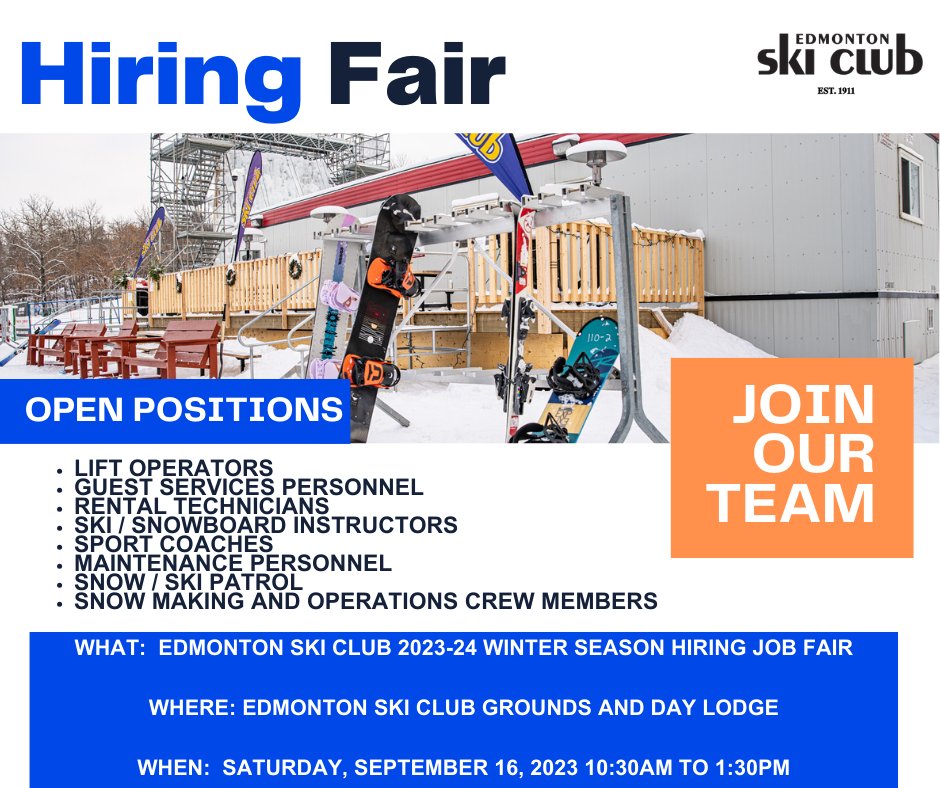 EdmontonSkiClub's tweet photo. Are you looking for a fun &amp; flexible job this winter?! Edmonton Ski Club is HIRING ❄️

We hope to see you on September 16th from 10:30am-1:30pm for our on-site hiring fair!

Any questions?! Our messages are always open!

https://t.co/HlKETngqgS https://t.co/pDjBRDdXuC
