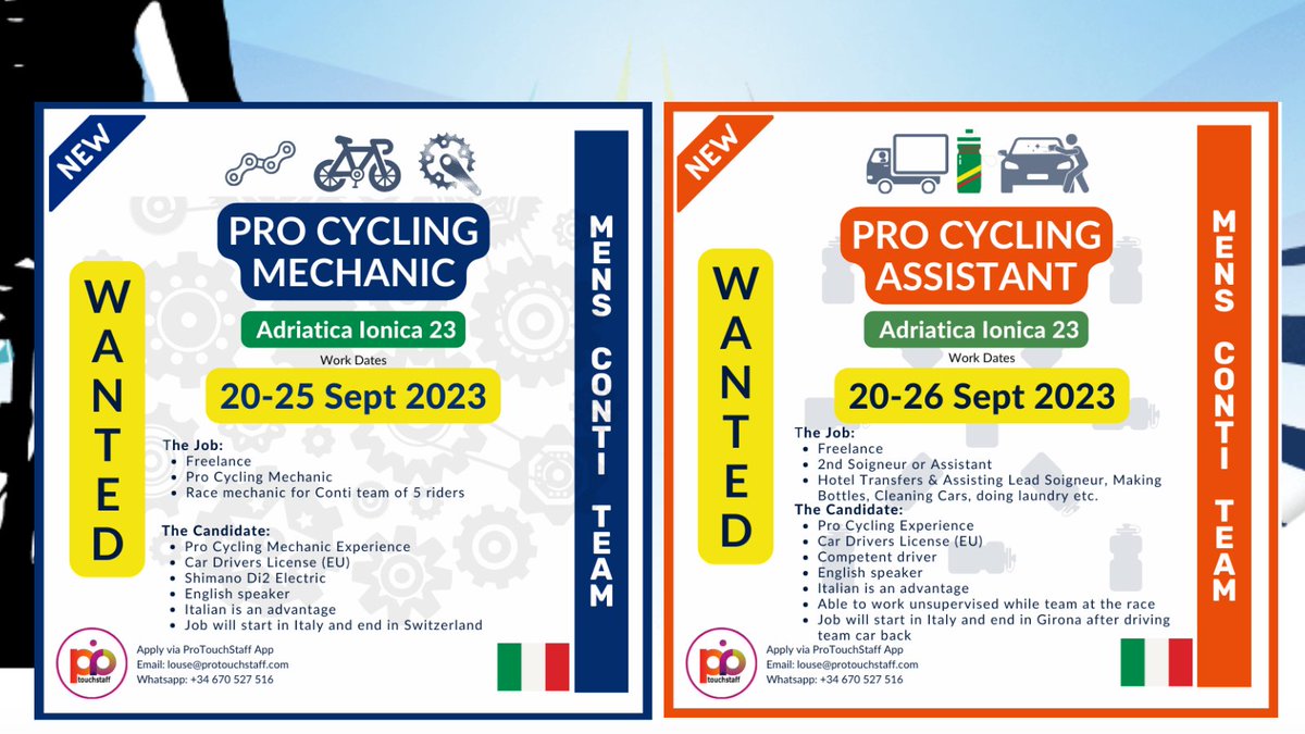 Opportunities for 2 Freelance Cycling Team Staff
1 Race Mechanic / 1 Assistant-2nd Soigneur
Men's Conti Team racing in <a href="/adriaticaionic1/">Adriatica Ionica Race</a> 
Applications via <a href="/ProTouchStaff_/">ProTouchStaffApp</a>  #cycling #cyclinglife #soigneur #sportitalia