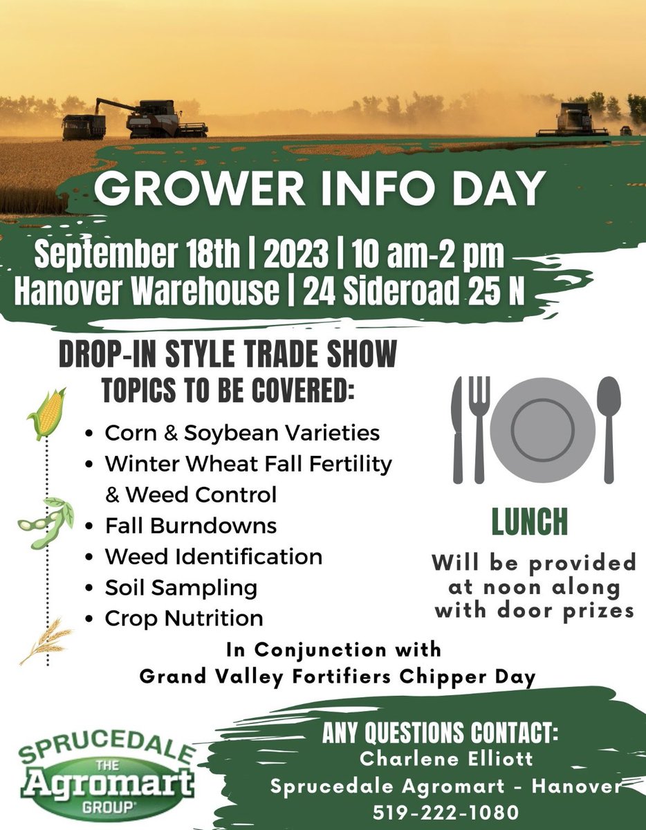 sprucedaleag's tweet photo. Join us September 18th anytime between 10 am and 2 pm at the Hanover Warehouse for our Grower Info and Chipper Day, in partnership with Grand Valley Fortifiers. Coffee, donuts and a hot lunch to be served. See you there! https://t.co/zEkr83vjdQ