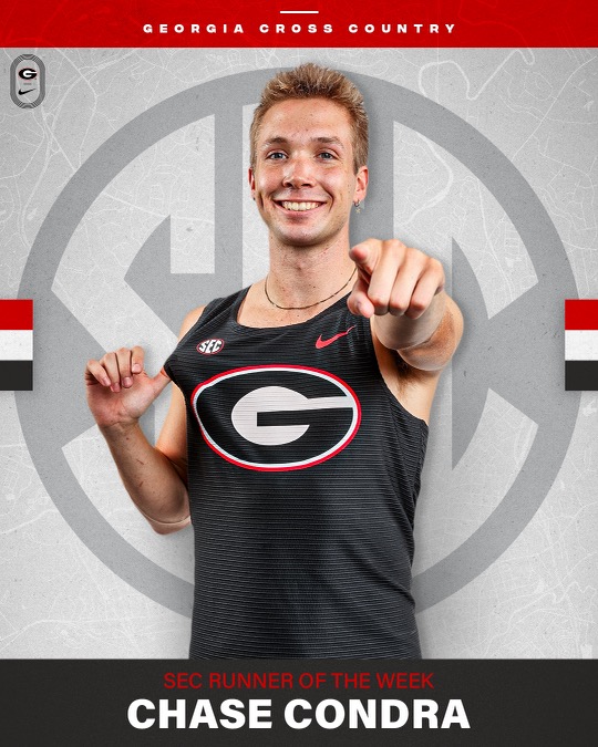 UGATrack's tweet photo. 1⃣ week, 1⃣ @SEC weekly award winner

Congrats to Chase Condra who led the #Dawgs to a victory at the Stan Sims Opener thanks to his individual 5k win. 👏

➡️ https://t.co/suQRXqEink

#GoDawgs https://t.co/i5yD8GpqqW