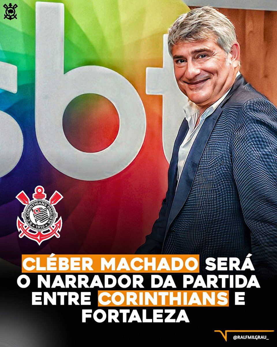 📺 Contratado pelo SBT, a emissora definiu qual será a estreia do narrador Cléber Machado. 

Ele estará na narração da partida de ida entre Corinthians x Fortaleza, dia 26/9, na Neo Química Arena.

#Corinthians