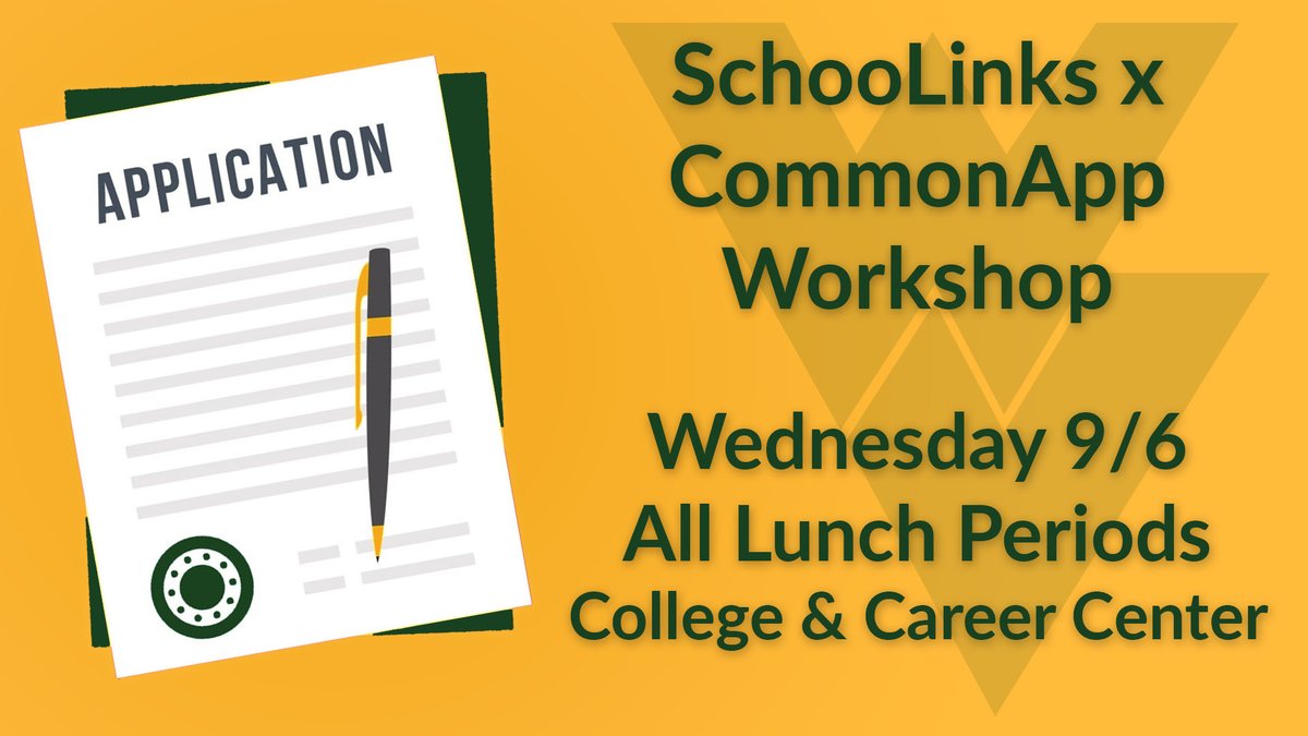 WVCounselors's tweet image. Seniors, tomorrow is our 1st College Application Workshop.  Join us at the start of your lunch period in the College &amp;amp; Career Center to make sure your SchooLinks and CommonApp accounts are ready to go. #FutureReady204