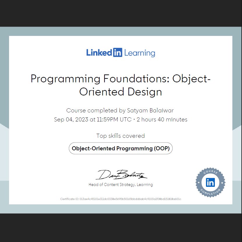 balaiwar_satyam's tweet image. Recently completed a course on OOD from #linkedinlearning...
#programming #codetogether