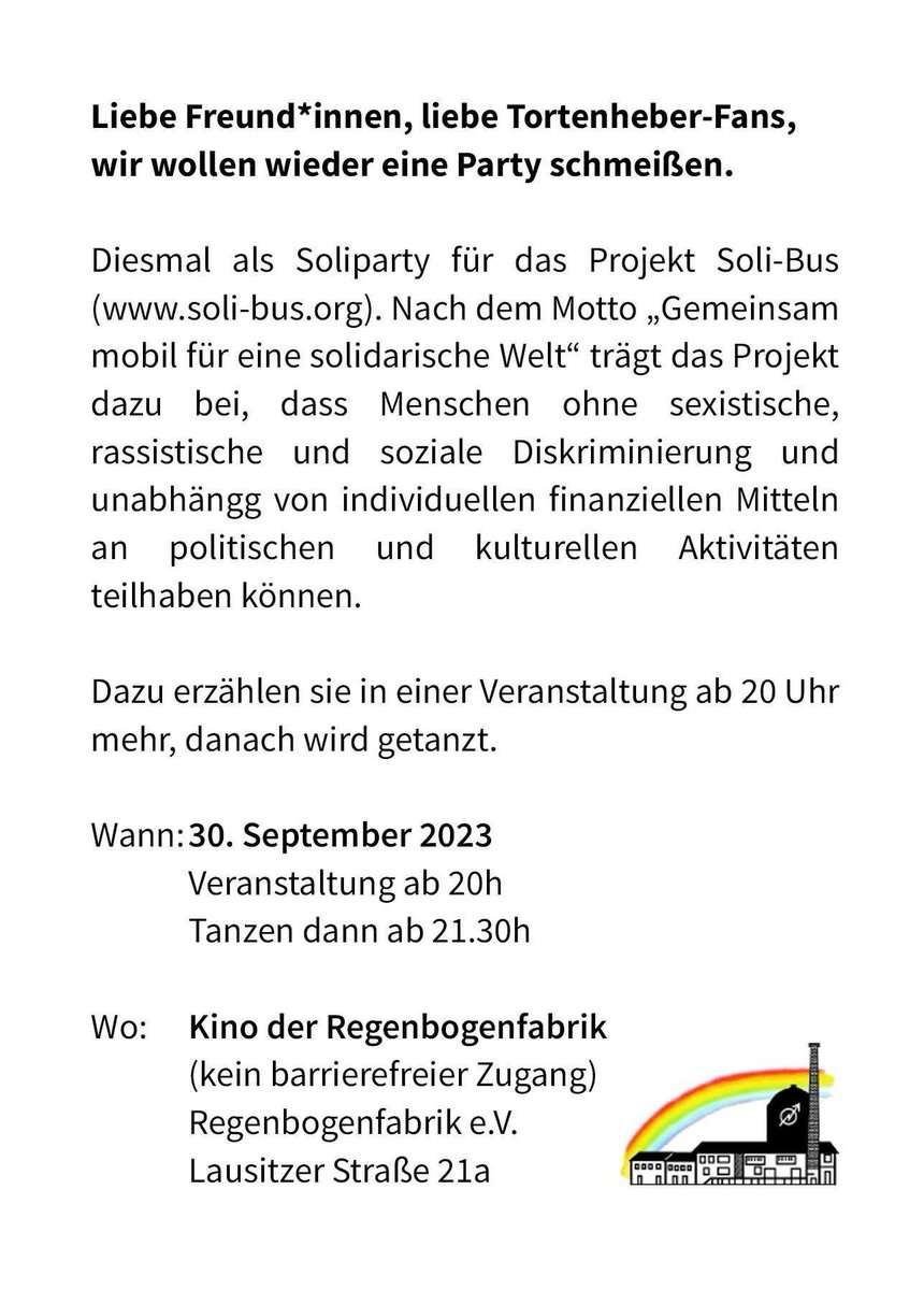 IL_Berlin's tweet photo. Soliparty für das Projekt Soli-Bus:
»Gemeinsam mobil für eine solidarische Welt«
https://t.co/PBoLlZlrj4
Wann:
Sa. 30. September 2023
Veranstaltung zum #SoliBus ab 20:00h
Tanzen dann ab 21:30h
#b3009
Wo:
Kino der Regenbogenfabrik
(nicht barrierefrei)
Lausitzer Straße 21a https://t.co/FgqukxSEpo