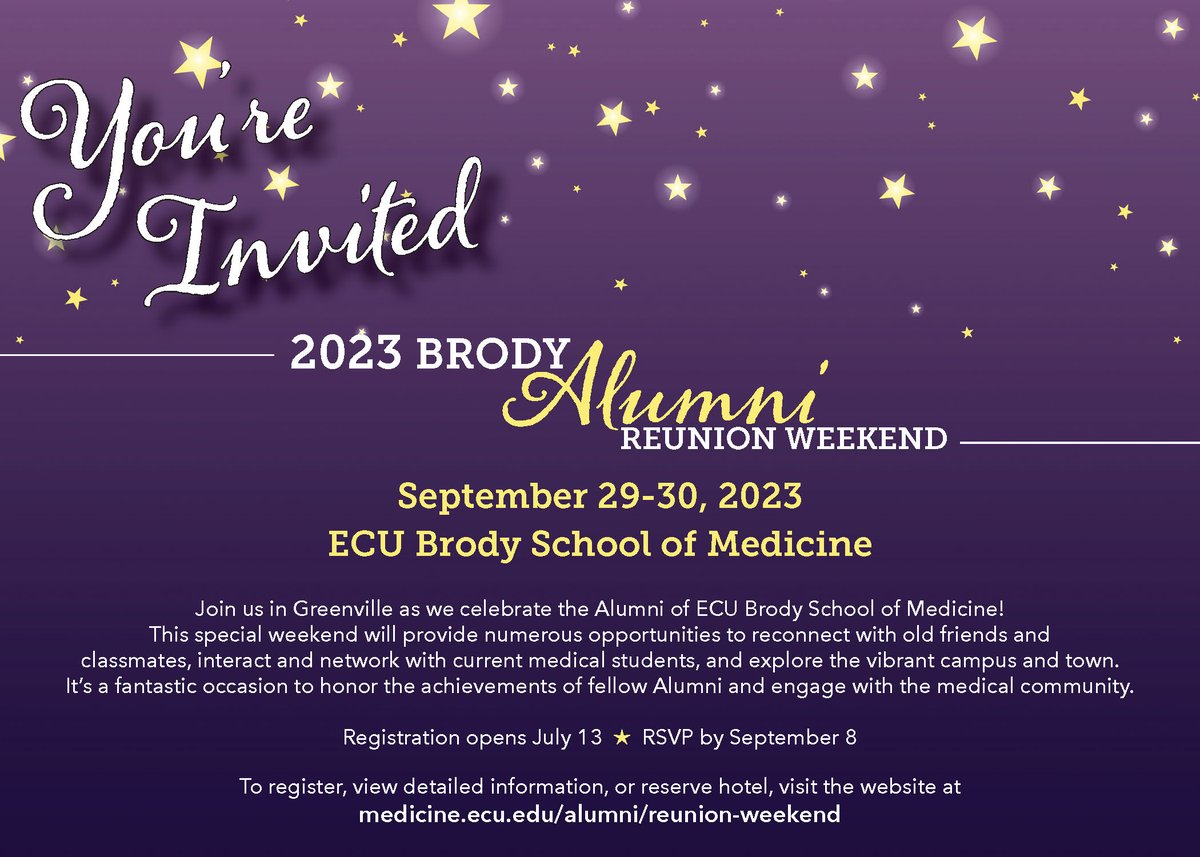 Calling all Brody School of Medicine Alumni! It's time for the ECU Brody School of Medicine Alumni Reunion! September 29-30; Location: ECU Brody School of Medicine. RSVP by Sept. 15 here medicine.ecu.edu/alumni/reunion…