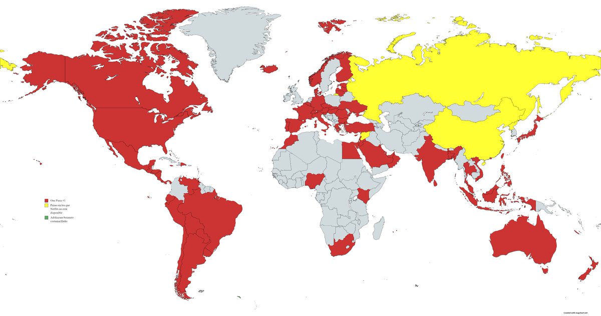 He plasmado los datos en el mapa para que quede más visual. Los países en amarillo son los países en los que no hay Netflix. Los grises son los herejes. Ha hío brrruuutal