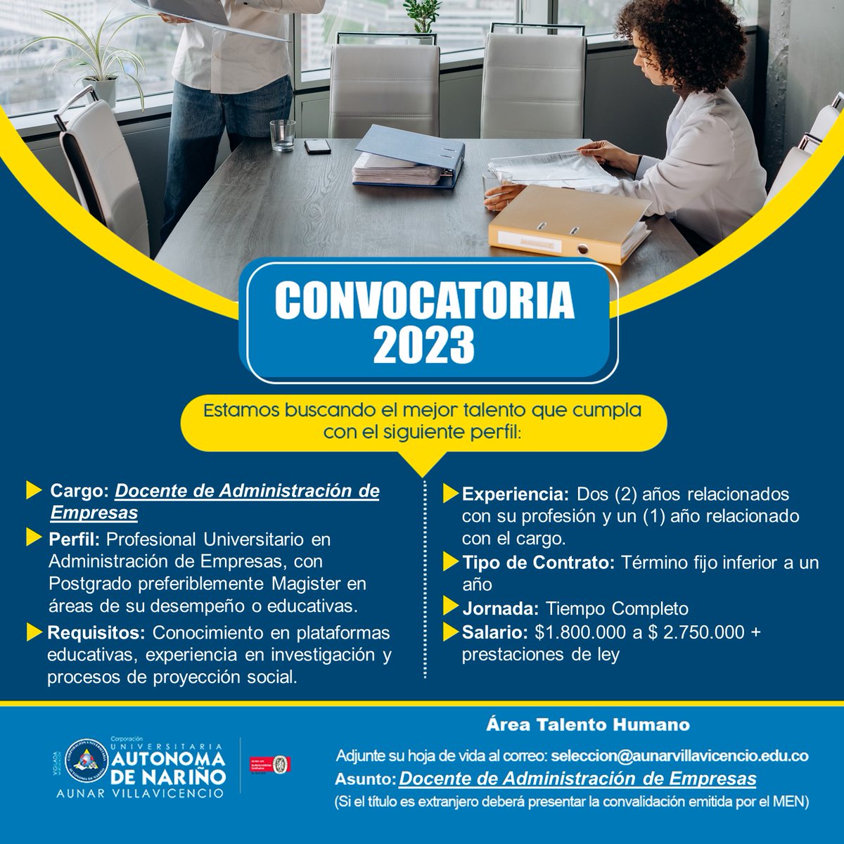 ¿Estás en busca de trabajo?
Queremos que seas parte de esta gran comunidad educativa
Si tienes el perfil envíanos tu hoja de vida al correo
seleccion@aunarvillavicencio.edu.co
Aprovecha esta oportunidad
💙💛

#ecosistemaaunar
#trabajosihay
#trabajaconnosotros #AunarVillavicencio