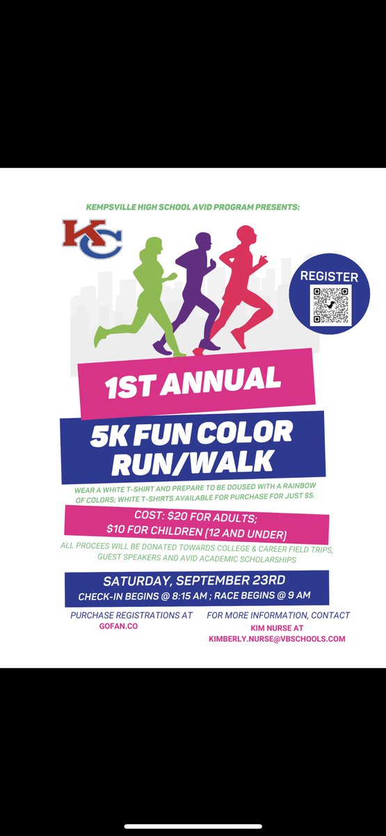 Come on and support our kiddos at the 1st Annual 5k Fun Color Run/Walk @KHS_Chiefs @kempsactivities