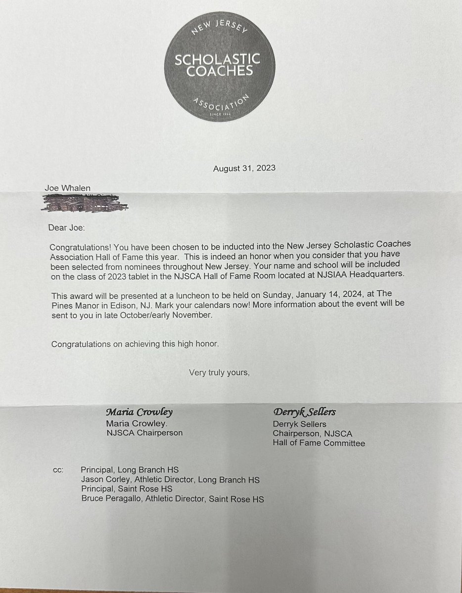 Congratulations to Mr. Joe Whalen on his selection into the NJSCA Hall of Fame located at the NJSIAA Headquarters. This award will be presented at a luncheon to be held on Sunday, January 12, 2024, at the Pines Manor in Edison. Congratulations coach!  #wavepride #waveathletics