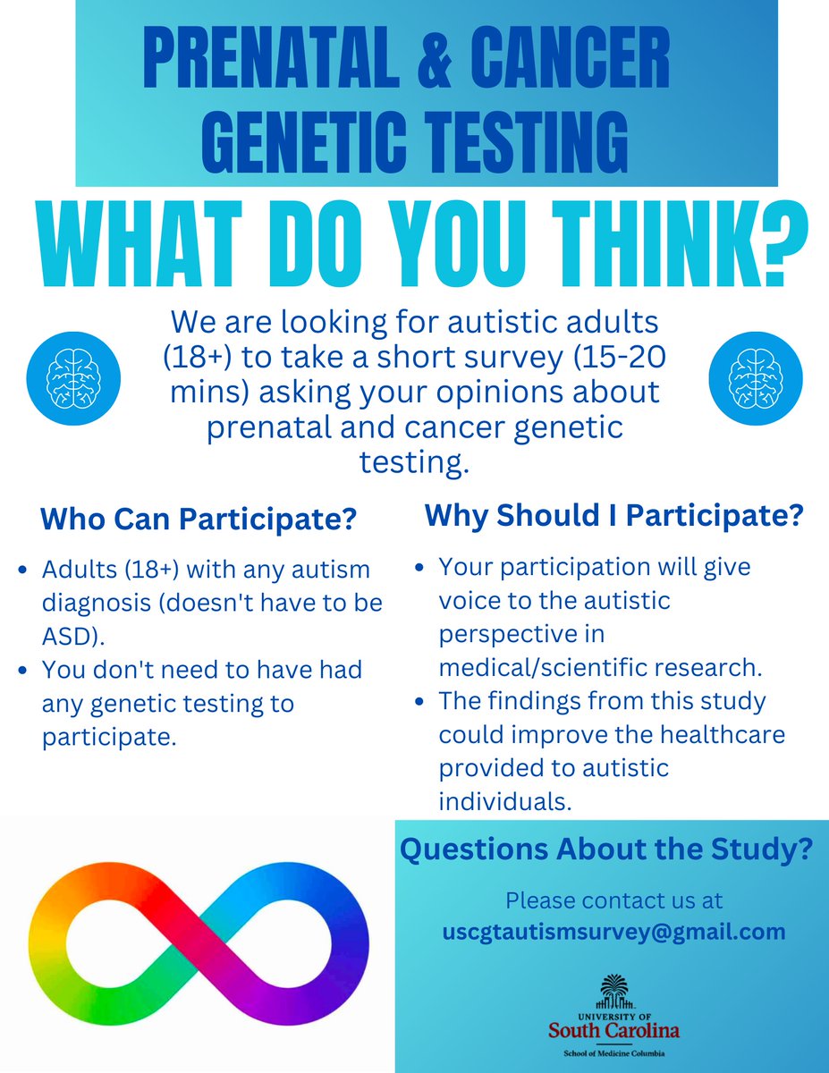USCGCprogram's tweet photo. Our second year student Robin is carrying out a research project in the autism community looking at opinions on prenatal and cancer genetic testing. For eligible participants, the link to the survey is: https://t.co/lCPF7JJdG3 https://t.co/DP1AkwAej3