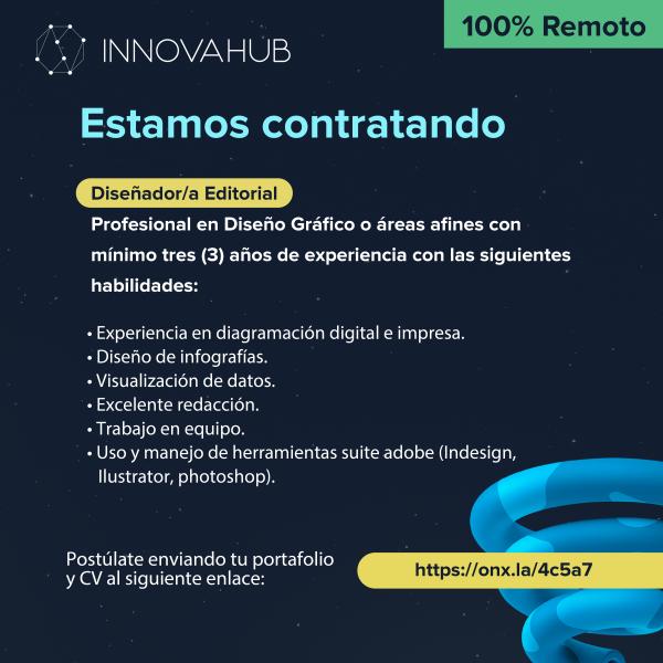 InnovaHubCol's tweet image. No olvides postular accediendo al enlace onx.la/4c5a7

Nuestro equipo es 100% remoto.
¡Te esperamos!

#TrabajoSiHay #ofertalaboral #empleo #trabajoremoto #diseñoeditorial #diseñador #diseñadora #diseño