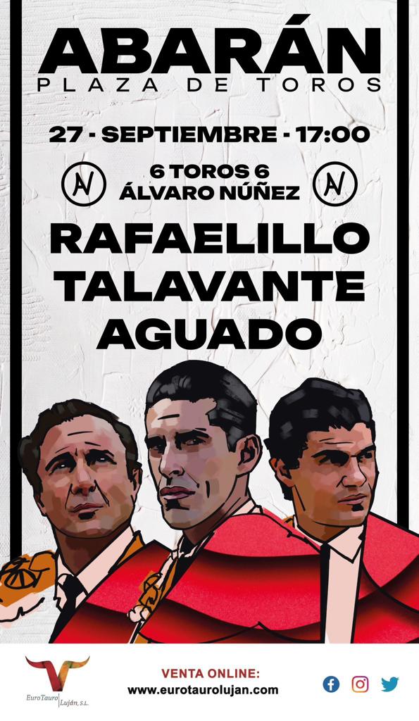 Abarán (Murcia) @EuroTauroLujan presenta cartel del 27 septiembre con toros de Álvaro Núñez para Rafael Rubio <a href="/RRRafaelillo/">Rafaelillo</a>, Alejandro <a href="/aletalavante/">Alejandro Talavante</a> y <a href="/Pablo_Aguado/">Pablo Aguado</a> <a href="/portaltaurino/">Portal Taurino</a>