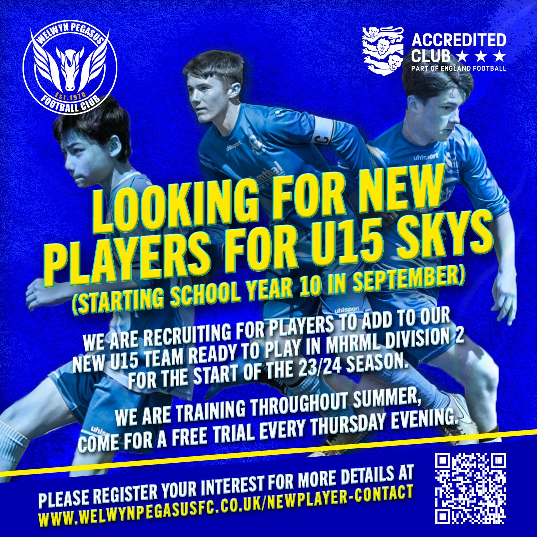 welwynpegasusfc's tweet photo. ⚽️👉PLAYERS WANTED FOR U15 SKYS TEAM👈⚽️
(School Year 10)

We're inviting players to try out at our training sessions held every Thursday evening at #monkswalksch 

Register details here👉https://t.co/hoKsmoJc1g

#WeArePegasusFC #grassrootsfootball @wonderful_wgc @midhertsrml https://t.co/2XBh980vrV